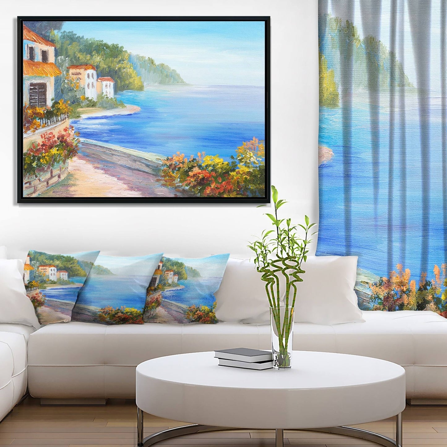 Designart House Near Blue Sea Landscape Art Print Framed Canvas 32 in. Wide x 16 in. High EZO5_G4KVS62