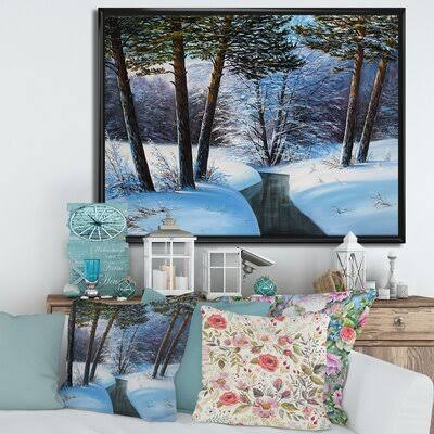 Christmas Forest with River and Trees III - Painting on Canvas East Urban Home Format: Black Floater Frame, Size: 30x22 H x 40x2 XOD5_F9AQA14