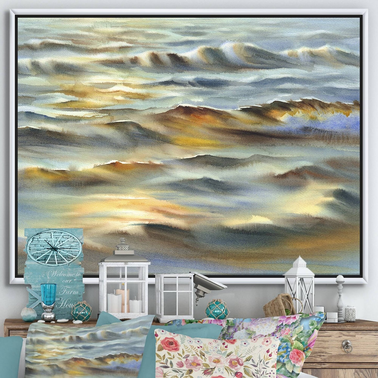 Designart Sunlight Reflections of Evening Time Waves Lakehouse Framed Canvas Wall Art Print - 20 in. Wide x 12 in. High - Whit YIQ9_J4GHW15