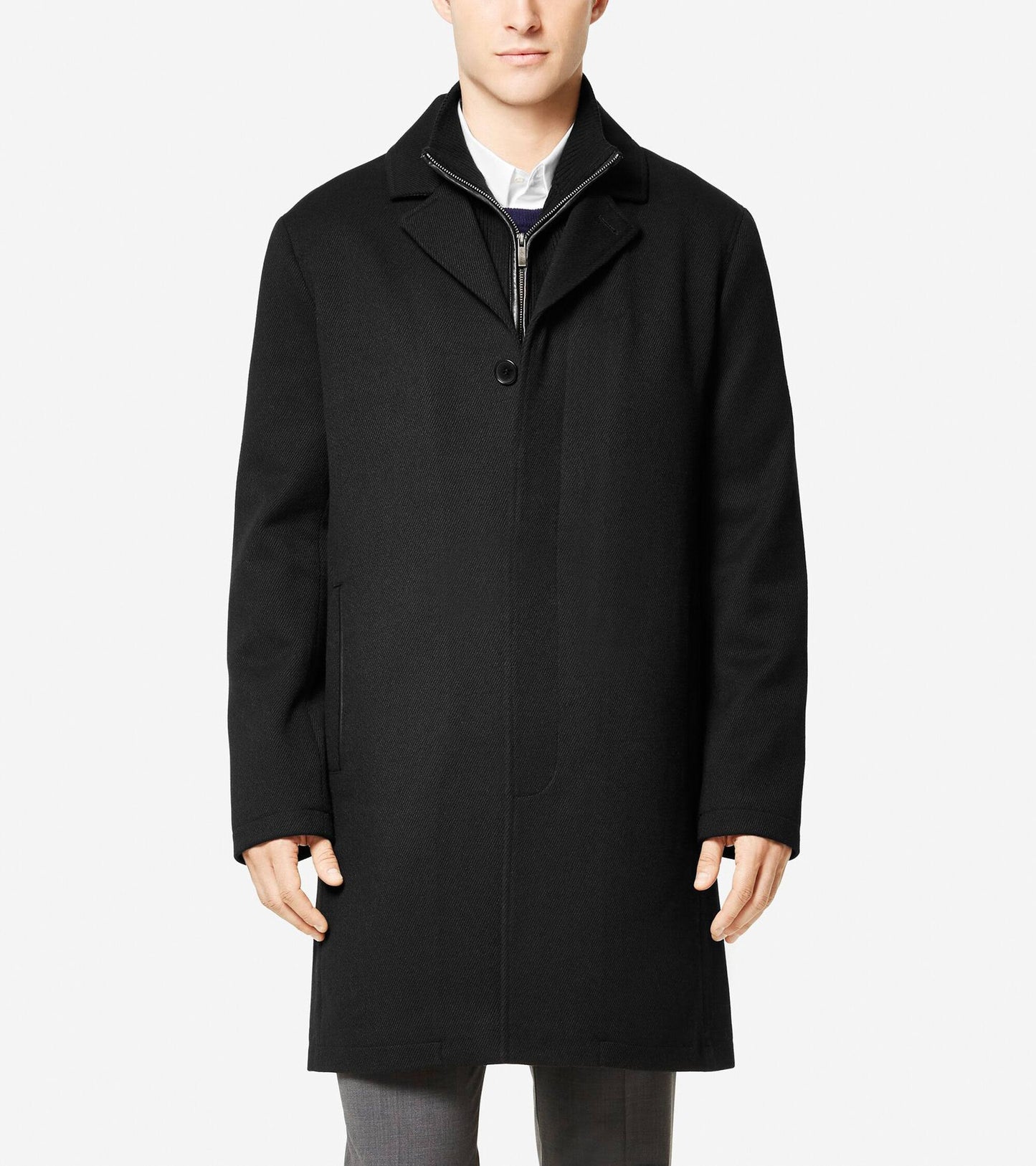 Cole Haan Leather-Trim Wool-Blend Coat, Black / Regular XL YPS5_Y6PBI07