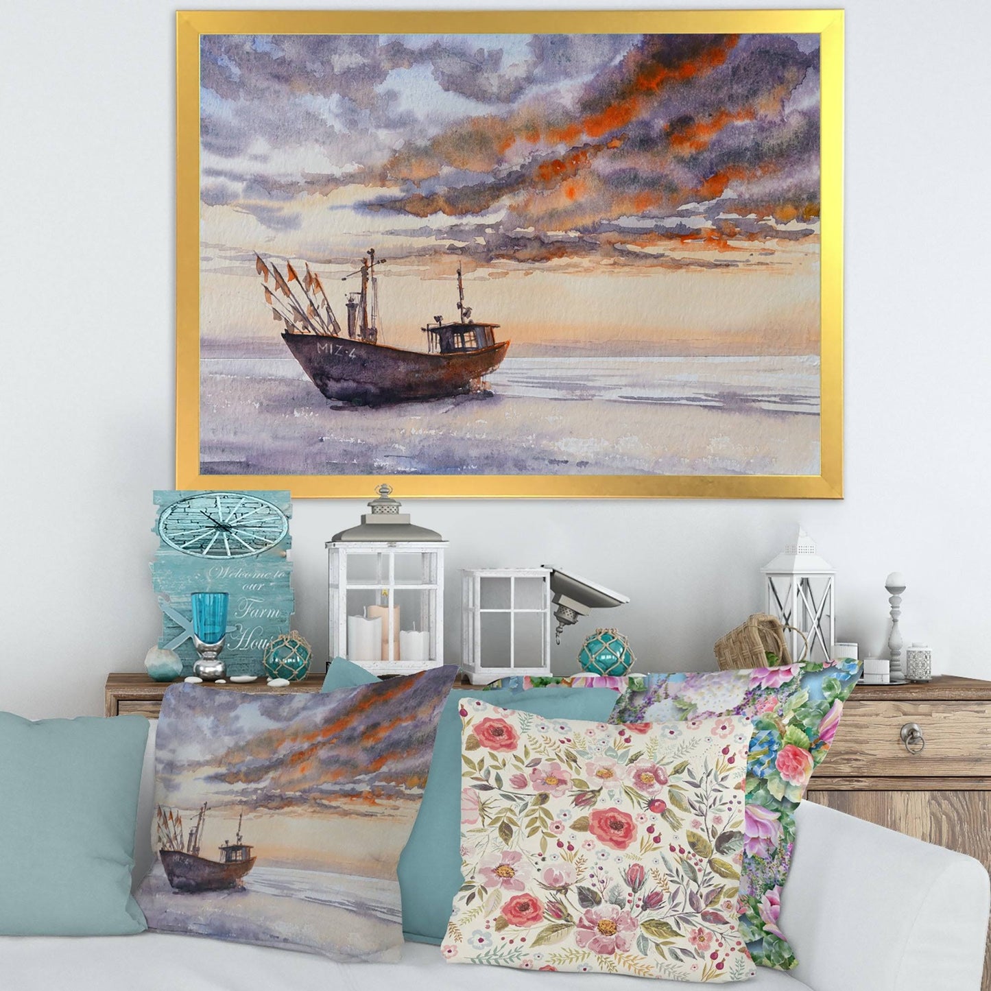 Designart &Wooden Fishing Boat on The Baltic Shore& Nautical Coastal Framed Art Print - 20 in. Wide x 12 in. High - Gold CNA4_Q4HQQ26