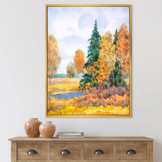 Designart Autumnal Forest by The Lake Side V Lake House Framed Canvas Wall Art Print - 16 in. Wide x 32 in. High - Gold TLA0_X7WUA94