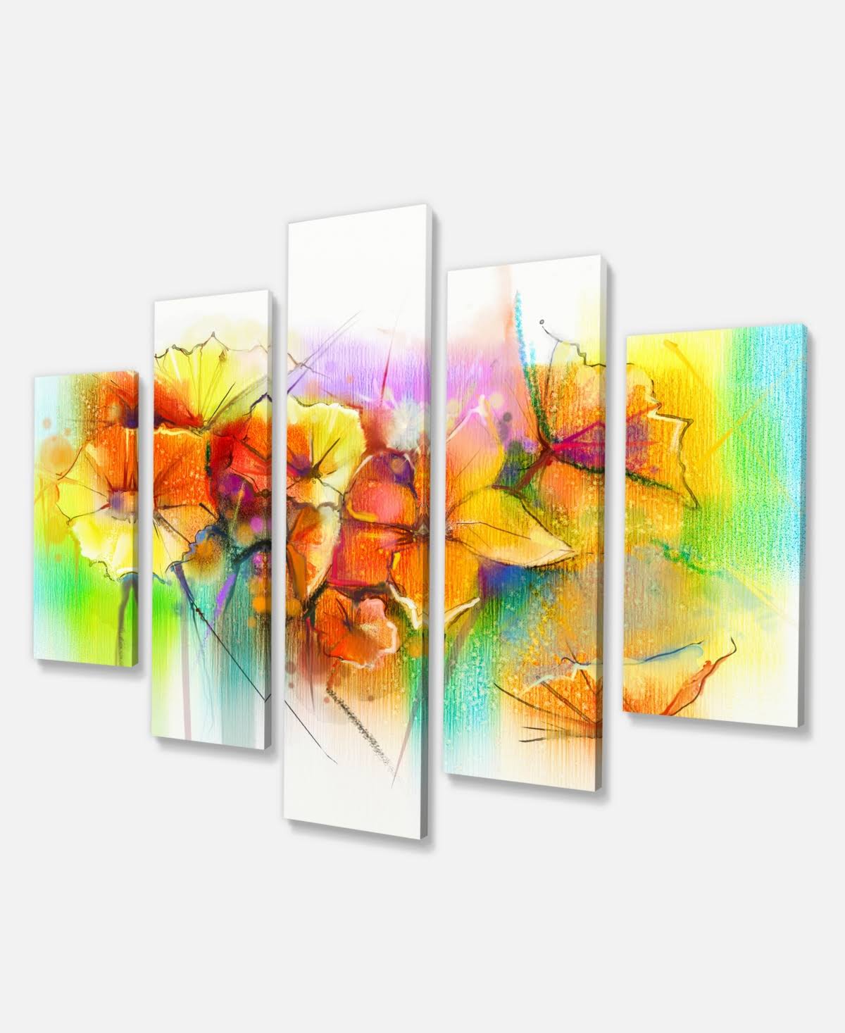 Design Art Bright Yellow Gerbera and Daisies 5 Piece Painting Print on Wrapped Canvas Set HQJ1_Q3GHY47