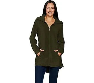 Denim Co. Fleece Zip Front Long Sleeve Jacket with Hi-Low Hem, Size XX-Small, True Olive KDN2_P5KLV83