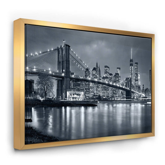 Designart &Panorama New York City at Night& Cityscape Framed Canvas Print - 20 in. Wide x 12 in. High - Gold LIC9_R6PYQ80