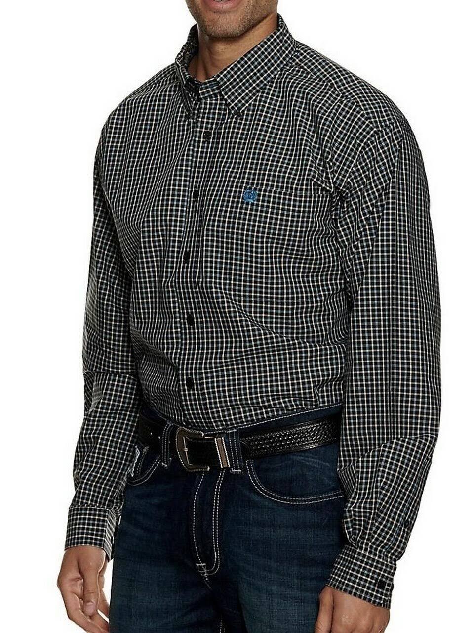 Cinch Mens Black and Teal Plaid Long Sleeve Western Shirt YKI3_V6PQG92