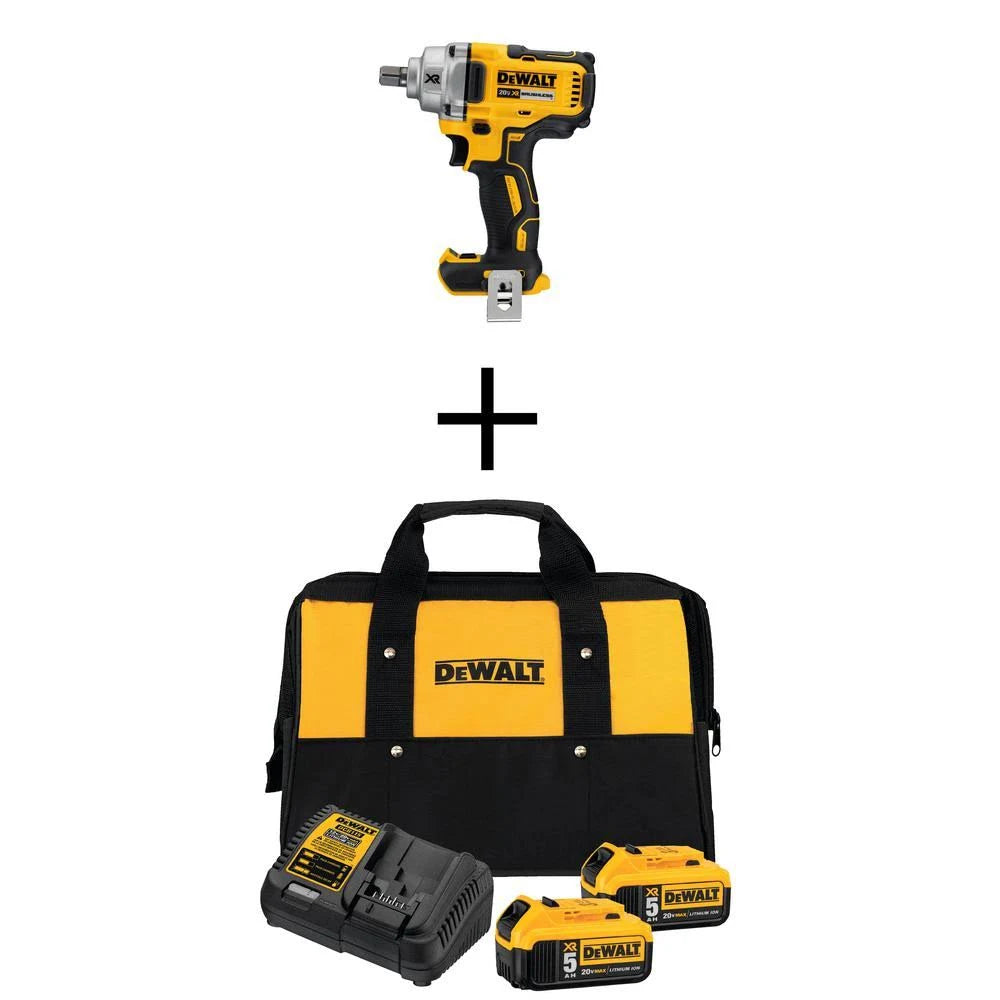 DeWalt 20-Volt Max XR Cordless Brushless 1/2 in. Mid-Range Impact Wrench Detent Pin, (2) 20-Volt 5.0Ah Batteries Charger KJL6_X9GZX00