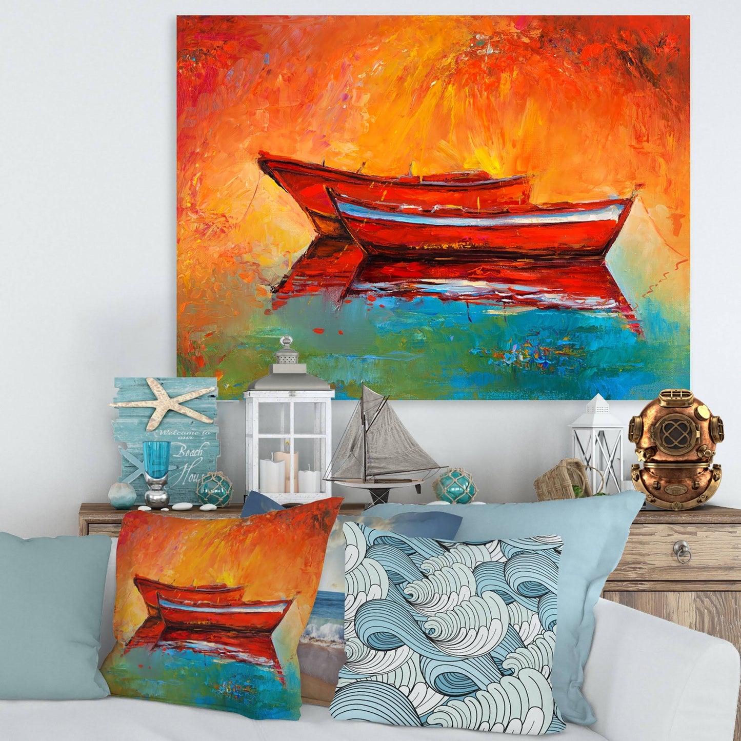 Designart &Two Red Boats During Evening Glow& Nautical Coastal Canvas Wall Art Print - 32 in. Wide x 16 in. High KAX6_K6QYT07