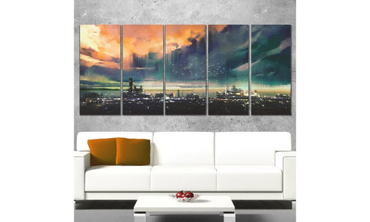 Design Art Abstract Sci Fi City Watercolor - Large Photography 5 Panel Metal Wall Art Multi-Color Aluminium, Oil, Wood UNT2_C0HDP38