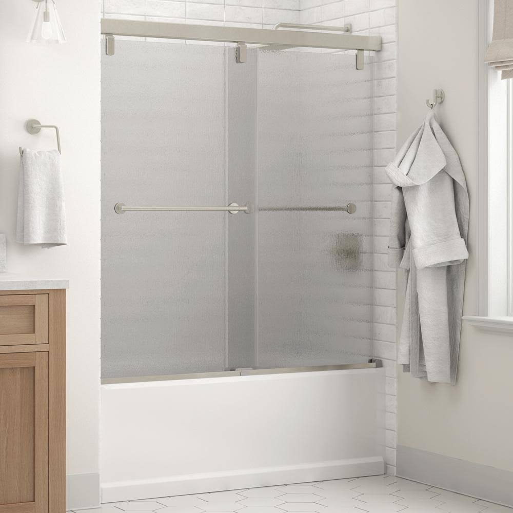 Delta Everly 60 in. x 59-1/4 in. Mod Semi-Frameless Sliding Bathtub Door in Nickel and 1/4 in. (6mm) Rain Glass RHD7_P7YBP60