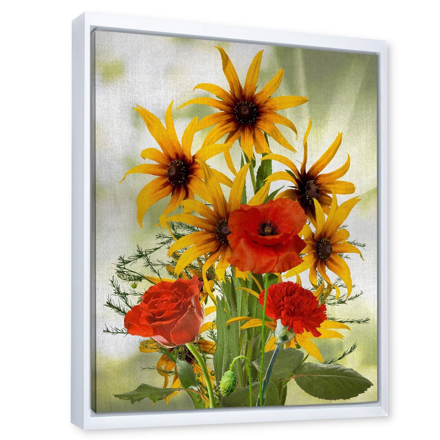 Designart &Sunflowers and Poppies in The Wild& Traditional Framed Canvas Wall Art Print - 30 in. Wide x 40 in. High - White TNS8_Z2NGV34