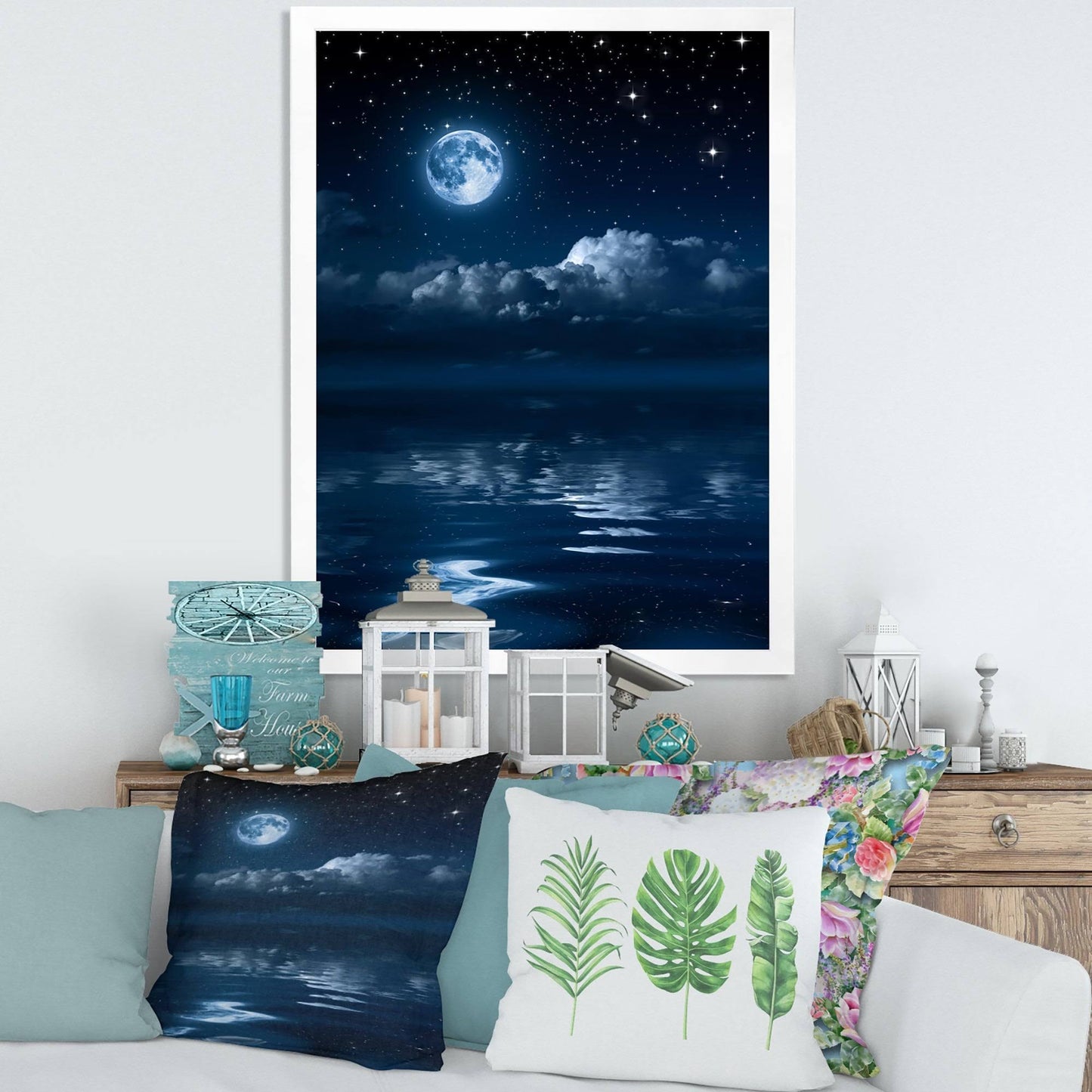 Designart &Full Moon in Cloudy Night Sky I& Nautical Coastal Framed Art Print - 30 in. Wide x 40 in. High - White IAV5_B6BHZ26