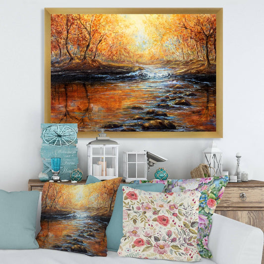 Designart &Morning Light in The Autumn Forest& Lake House Framed Art Print - 32 in. Wide x 16 in. High - Gold COA1_W0VBT47