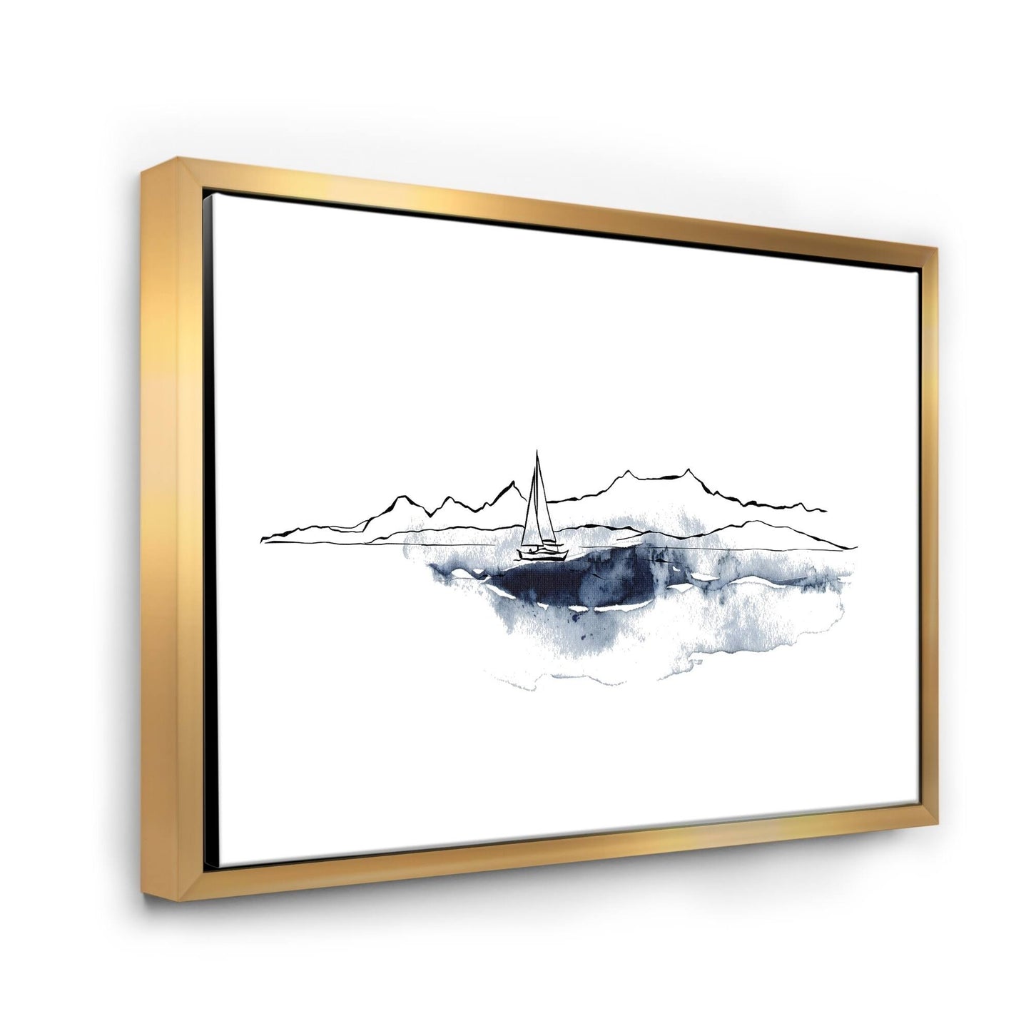 Designart &Minimalistic Seascape with Black Mountains Boat& Nautical Coastal Framed Canvas Wall Art Print - 40 in. W SYT8_T3KTG37