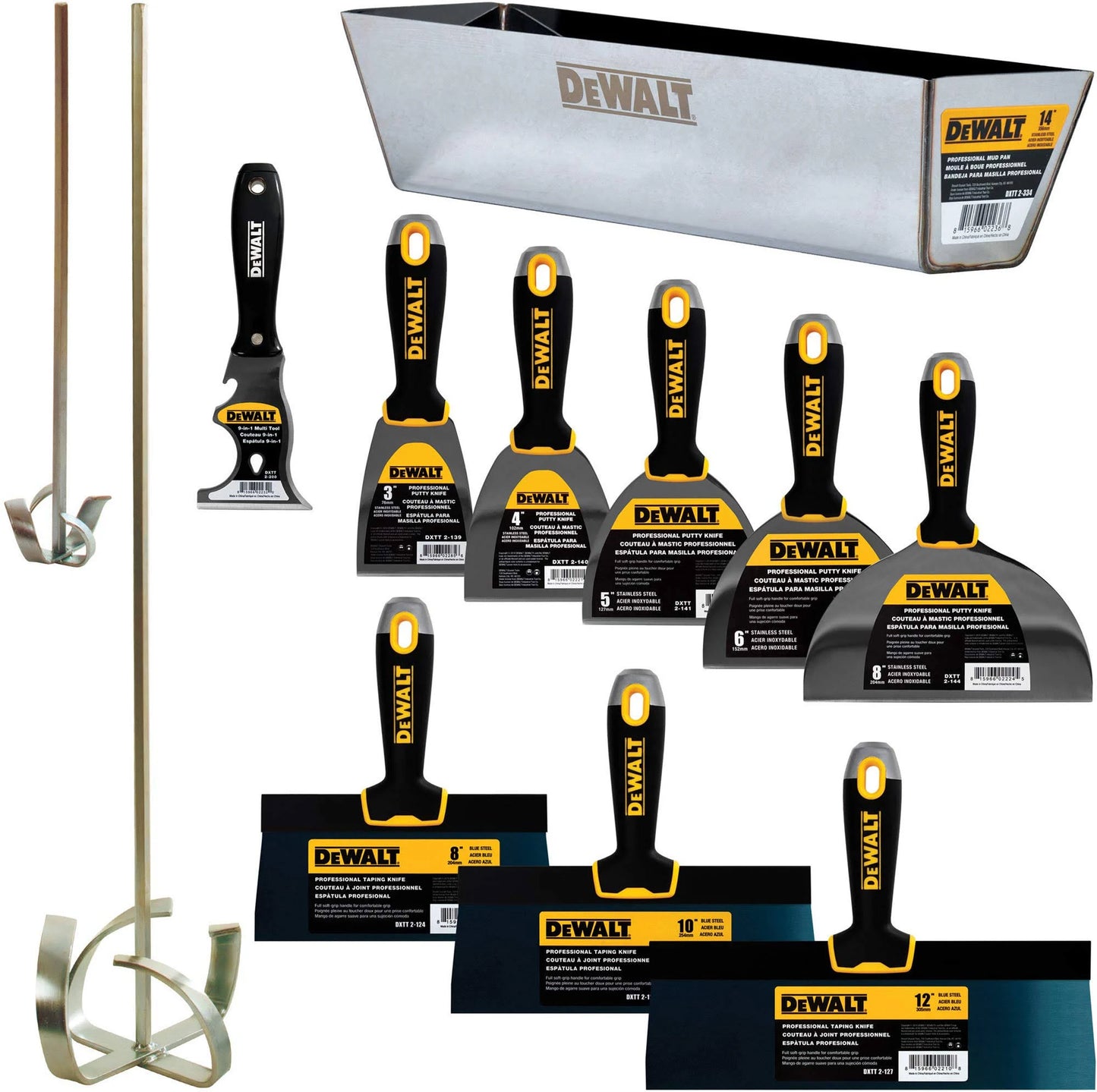 DeWalt Deluxe Blue/Carbon Steel Hand Tool Set | 8/10/12x22 Taping Knives, 3/4/5/6/8x22 Putty Knives, 2 Mud Mixers, 9-in-1 Painte YXU0_A7KCW43