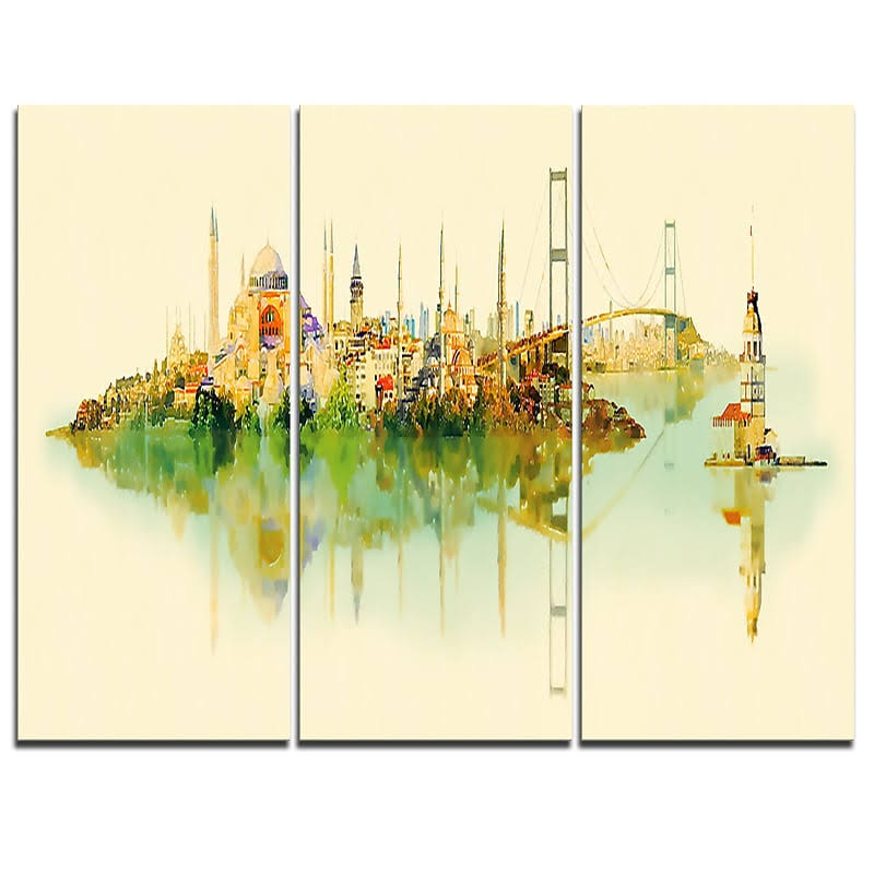 Designart Istanbul Panoramic View - 3 Piece Graphic Art on Wrapped Canvas Set FBG1_D9SMC60