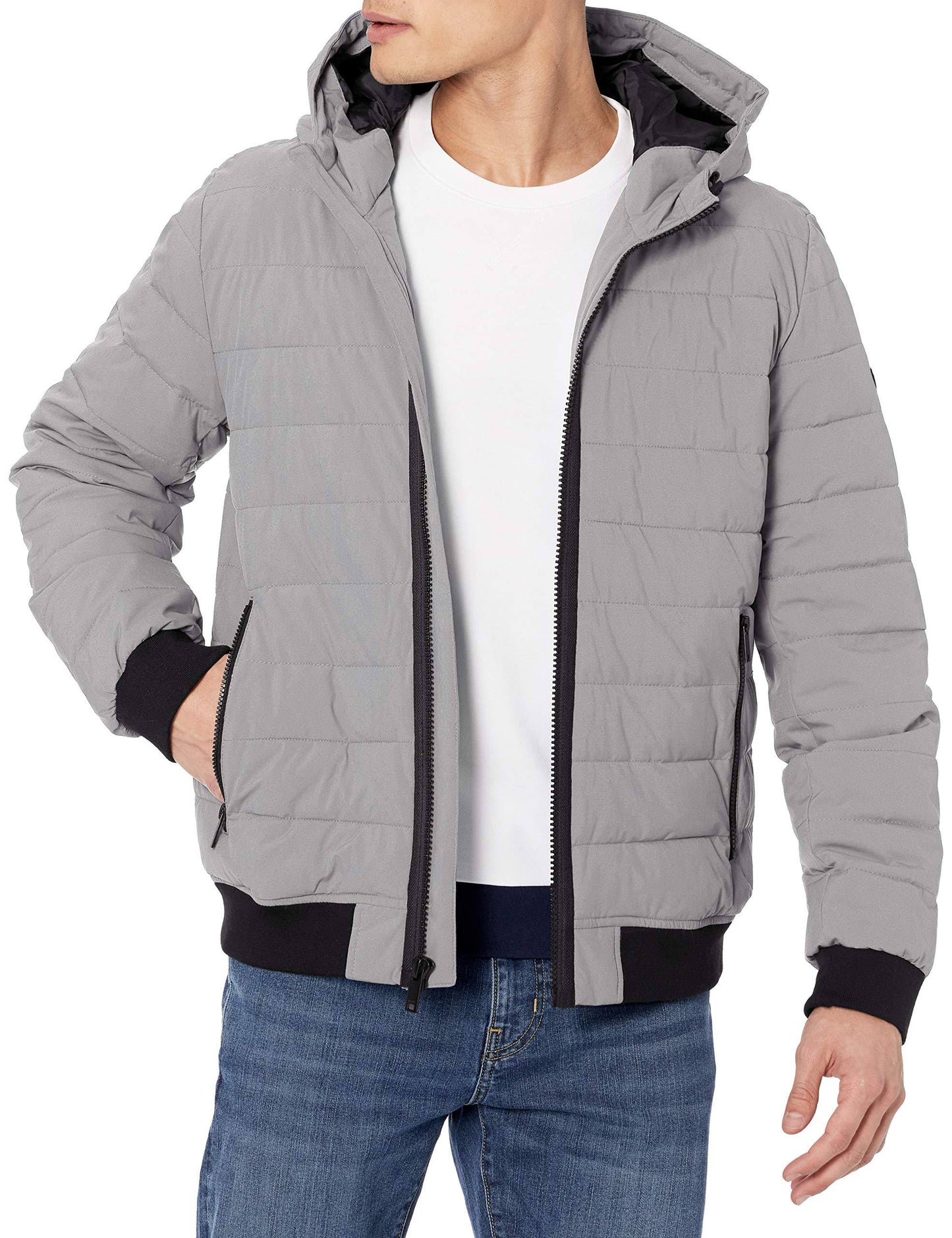 Dkny Mens Quilted Hooded Bomber Jacket - Stone - Size XL MON6_R0DPA42