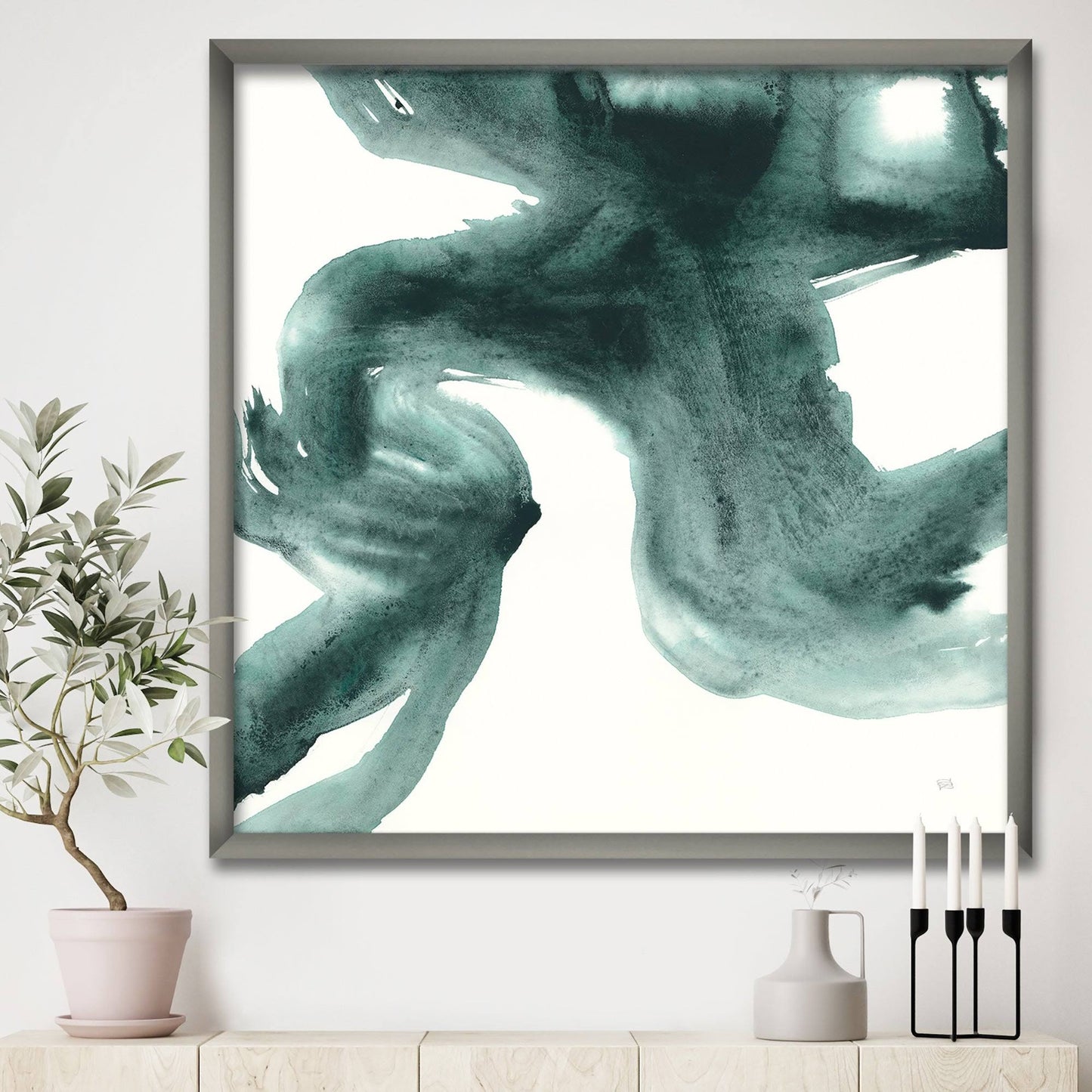 Designart &Gouache Green on Gray II& Modern Transitional Framed Art Print - 16 in. Wide x 16 in. High - Silver YGR0_T8FWM09