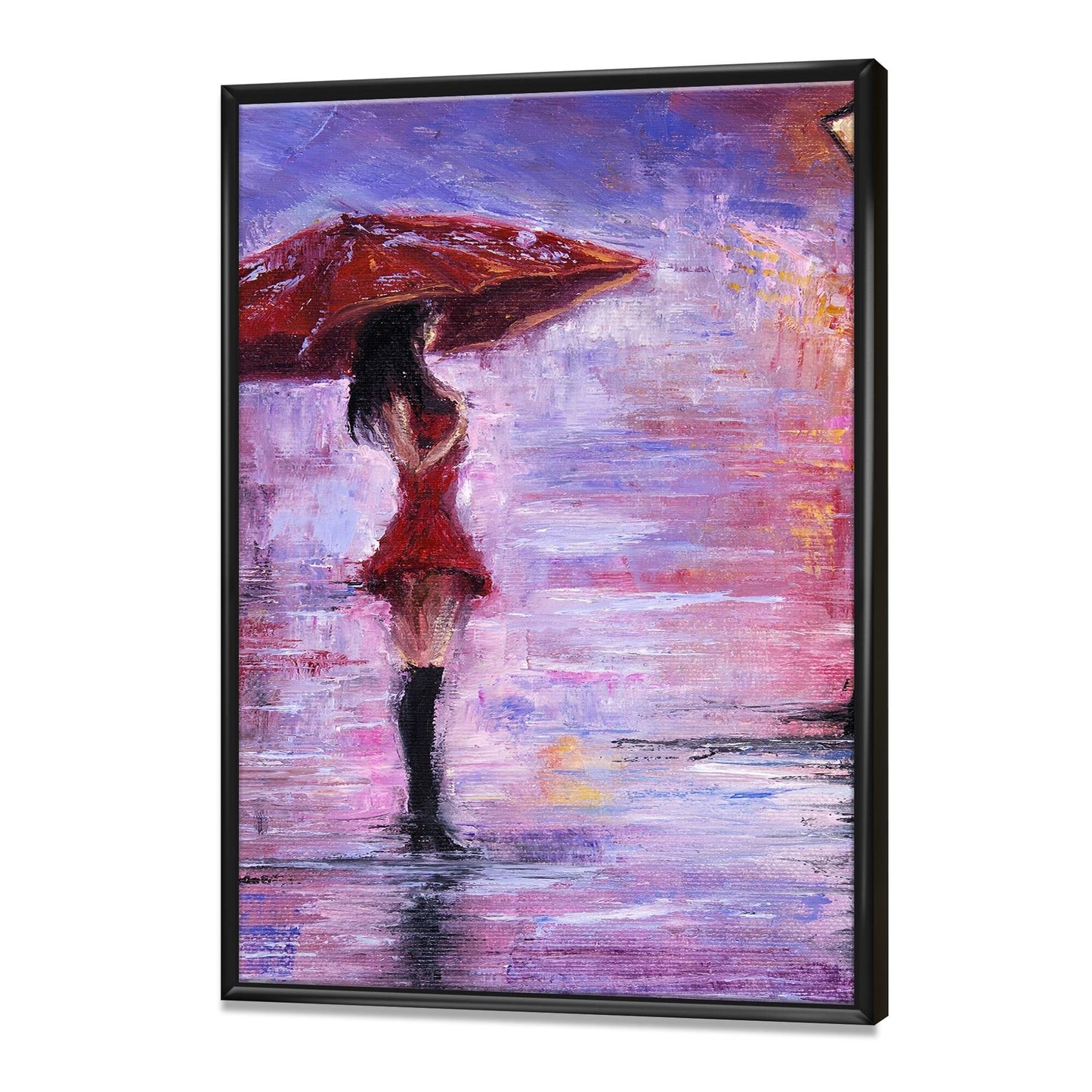 Designart Woman in Red Walking with Umbrella Traditional Framed Canvas Wall Art Print - 12 in. Wide x 20 in. High - Black GSR8_K8LVO89