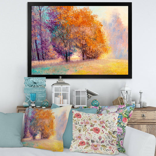 Designart &Autumn Forest Orange Leaves Original Landscape& Lake House Framed Art Print - 32 in. Wide x 16 in. High - Black YRM9_O7WMP41