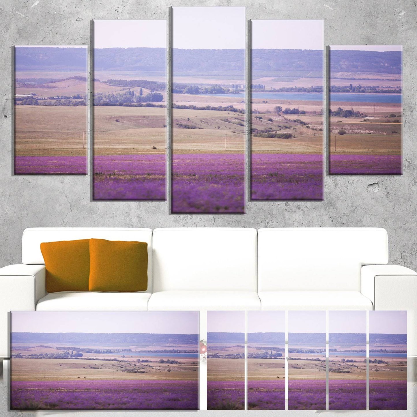 Design Art &Calm Sunset Over Lavender Field& 5 Piece Photographic Print on Wrapped Canvas Set, Purple BMH0_E0SJK02