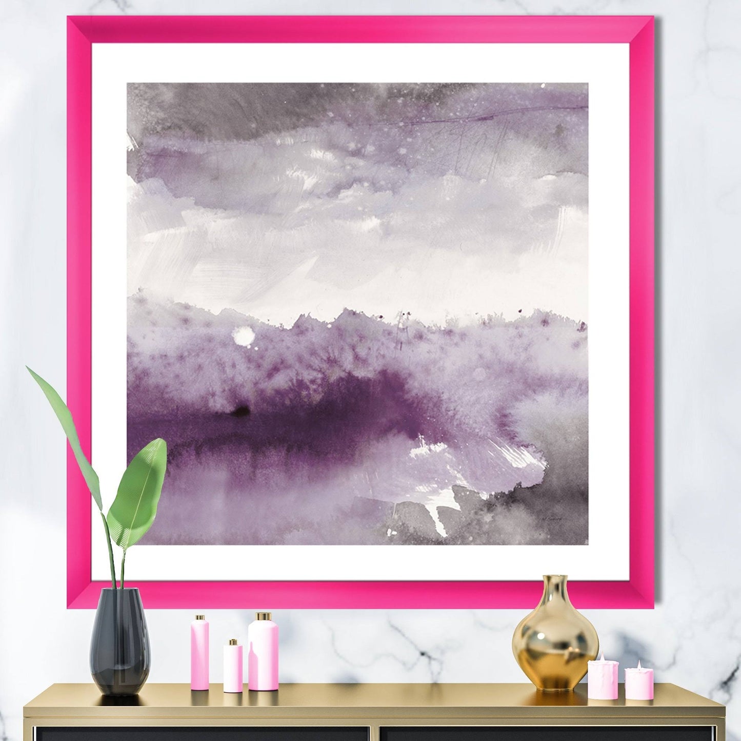 Designart &Midnight at The Lake II Amethyst and Grey& Shabby Chic Framed Art Print - 16 in. Wide x 16 in. High - Pink OOY5_N8OWB56