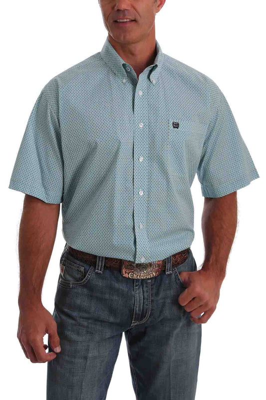 Cinch Mens Light Blue Geo Print Short Sleeve Western Shirt WMN4_Q1KSF17