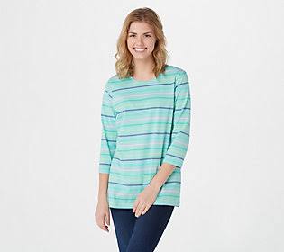 Denim Co. Yarn Dye Striped Perfect JerseyRound Neck Top, Size X-Small, Light Aqua RKN6_N7ZTY60