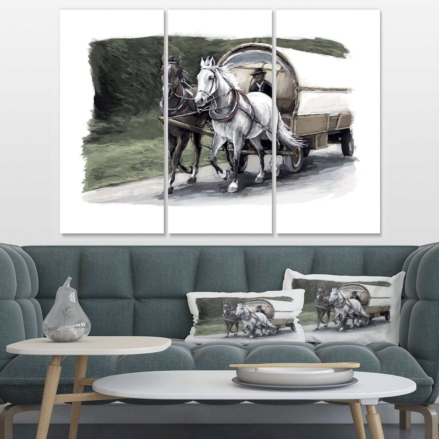 Design Art Horse Cart Black and White - 3 Piece Painting Print on Wrapped Canvas Set, Gray AXS3_H7LZD42