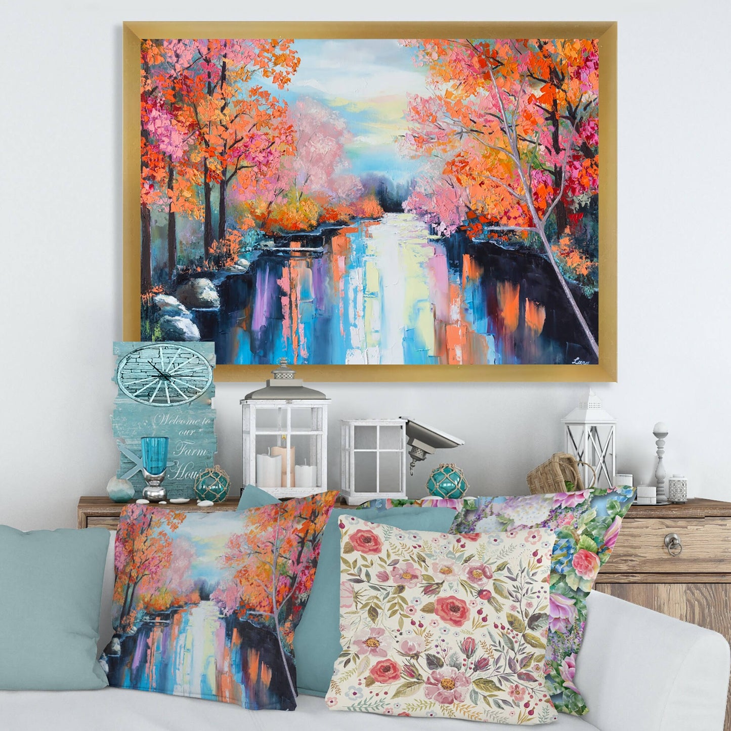 Designart &Orange Autumn Forest by The River& Lake House Framed Art Print - 32 in. Wide x 24 in. High - Gold YPS5_V1LZQ95