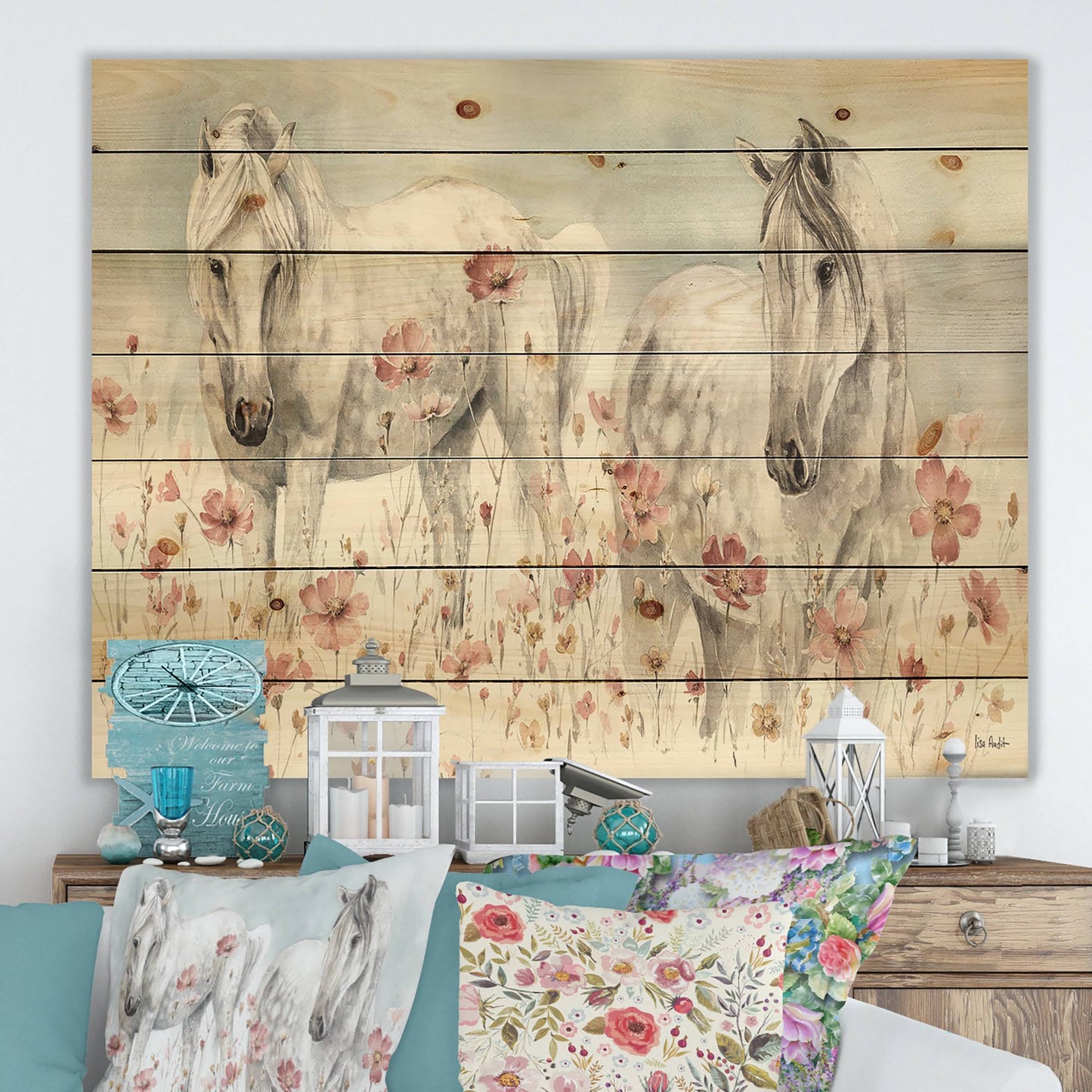 Designart &watercolors Pink Wild Horses & Farmhouse Print on Natural Pine Wood - Grey - 40 in. Wide x 30 in. High XGD1_X0ZCY07