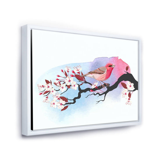 Designart &Pink Bird on Cherry Branch& Traditional Framed Canvas Wall Art Print - 32 in. Wide x 24 in. High - White PCM5_K4XWB77