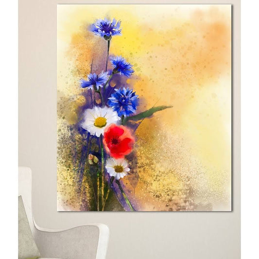 Design Art Bouquet of Poppy Cornflower and Daisy Painting Print on Wrapped Canvas, Purple YJP3_W7AIK46