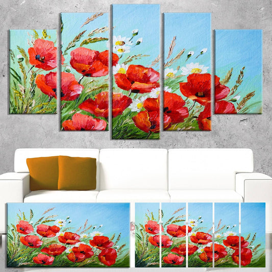 Design Art &Poppies in Field Against Blue Sky& 5 Piece Painting Print on Wrapped Canvas Set KHG3_J4XNS45