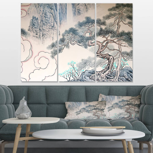 Designart Chinese Blue Tree Art - 3 Piece Graphic Art on Wrapped Canvas Set UFG1_V3EVW57