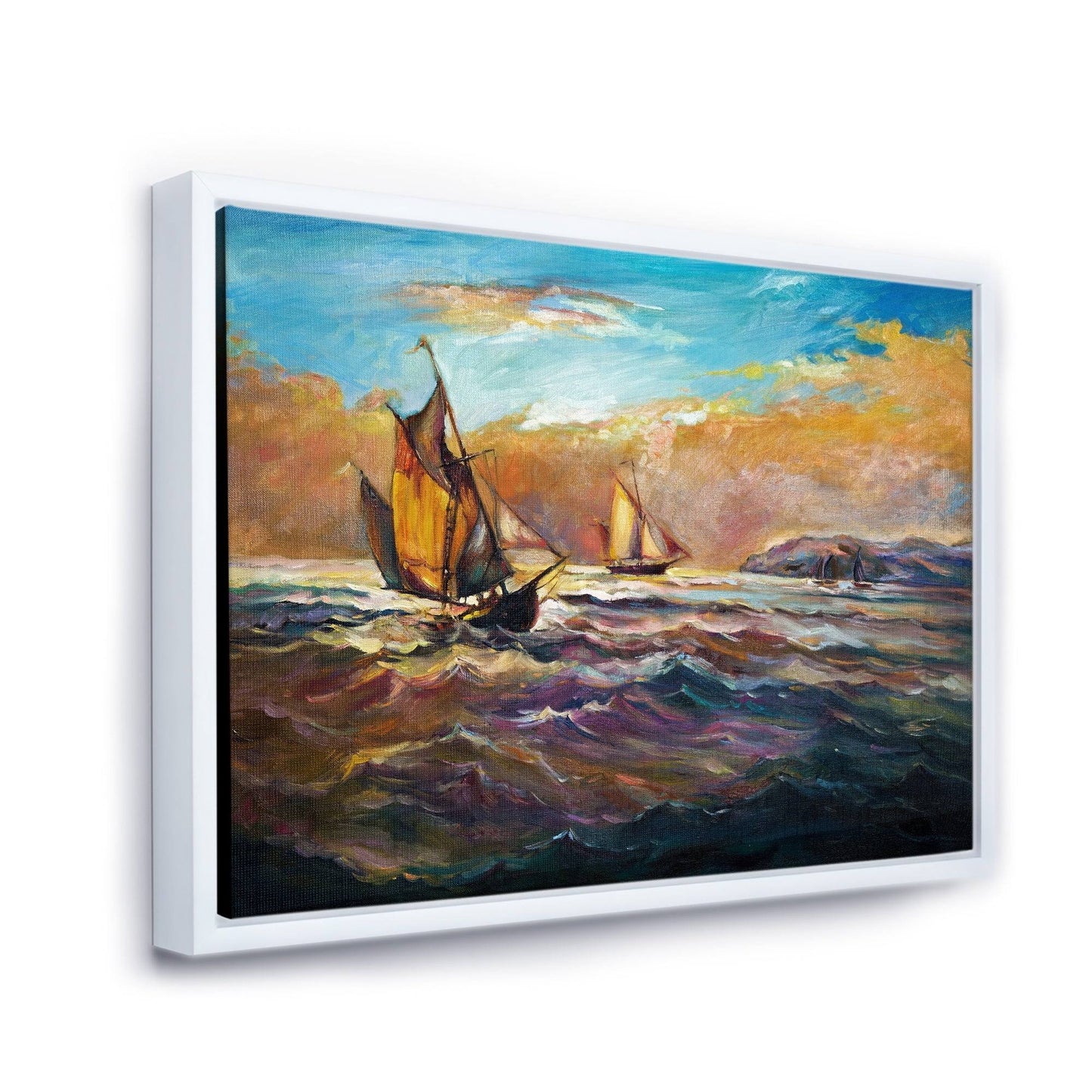 Designart &Boats on The Ocean During Evening Sunset II& Nautical Coastal Framed Canvas Wall Art Print - 40 in. Wide x 30 i QZR6_C9XEP74