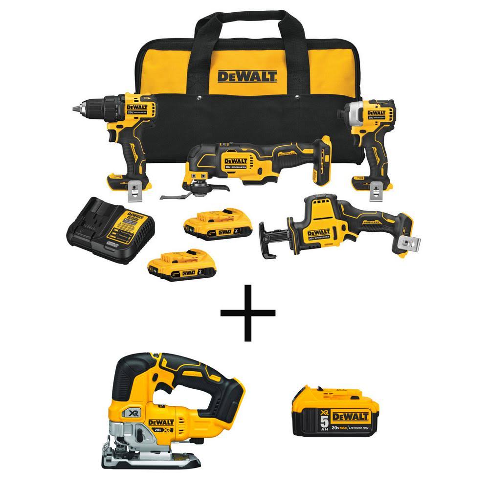 DeWalt Atomic 20-Volt Max Cordless Brushless Combo Kit (4-Tool), Brushless Jigsaw (1) 5.0Ah Battery JZH0_W2QLN16