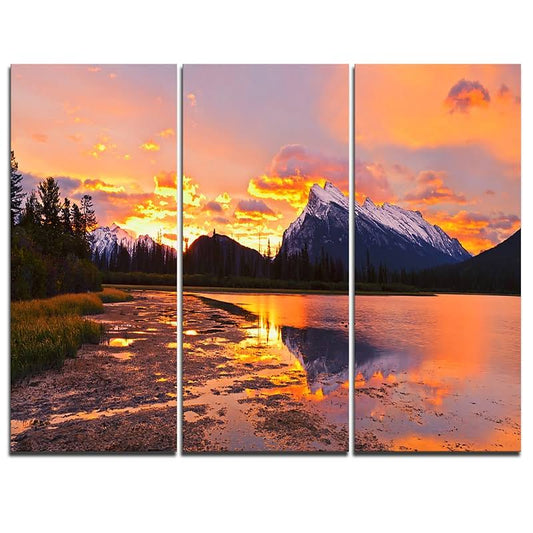 Designart Sunset Above Vermilion Lakes - 3 Piece Graphic Art on Wrapped Canvas Set FAR0_X1TQH52