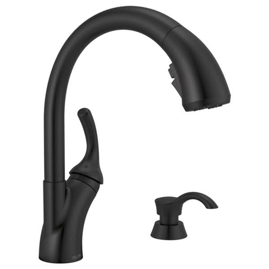 Delta Shiloh Single Handle Pull-Out Kitchen Faucet w/ Soap Dispenser ShieldSpray Technology (Recertified), Black, 19790Z-B PID8_L6VPW90