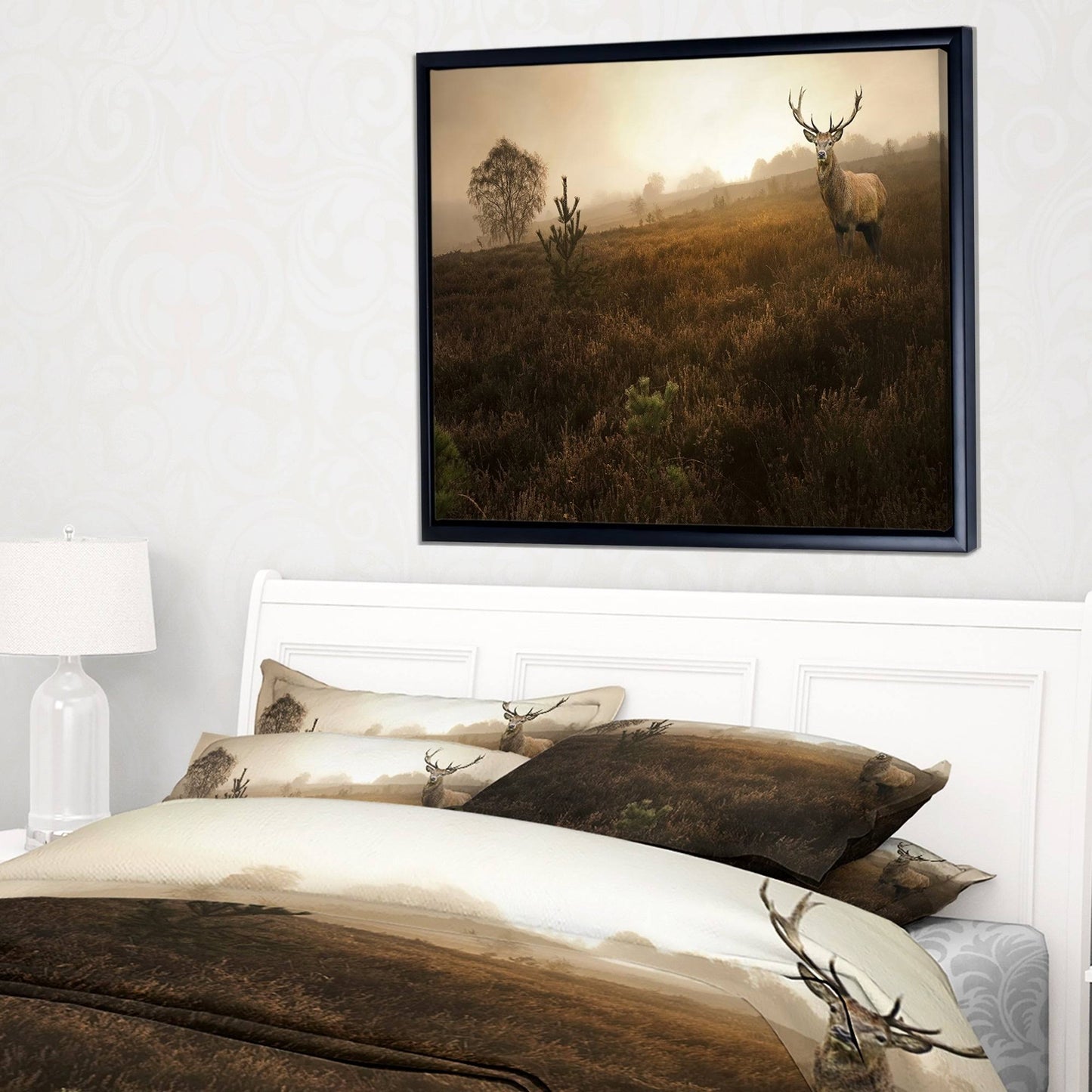 Designart Mist Forest with Red Deer Stag Landscape Photo Framed Canvas Art Print - 32 in. Wide x 16 in. High - Black GVG6_U4KIZ63