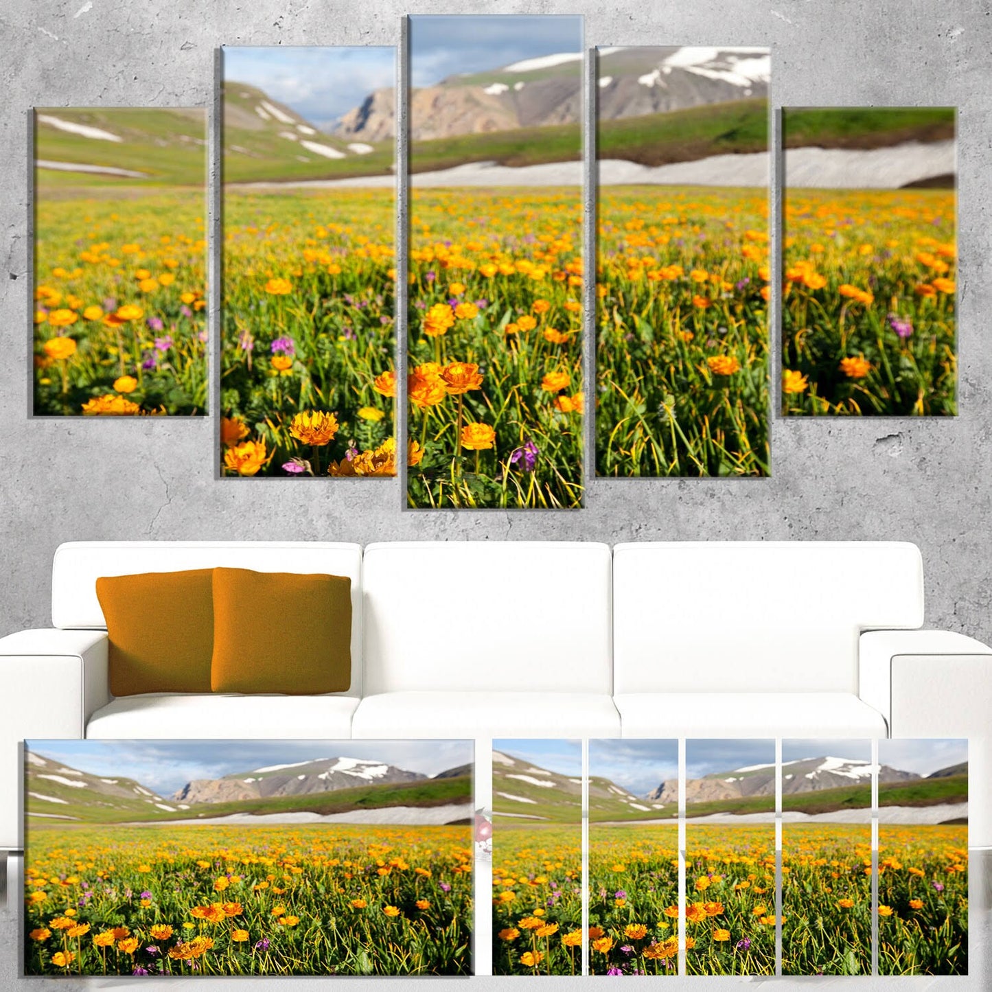 Design Art Mountain Plain with Wild Yellow Flowers Photographic Print on Wrapped Canvas, Size: 28 inch x 60 inch NBY8_X1HAM56