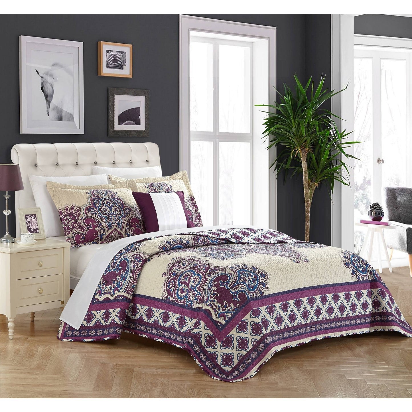 Chic Home 4-Piece Muraqqa Cotton Purple Reversible Quilt Set (Queen) BPO3_W9NXM10