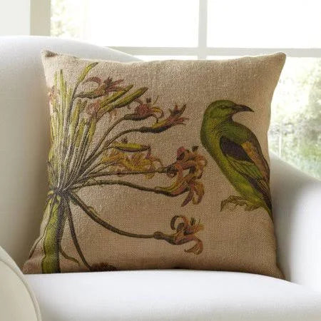 Charlton Home Cassiopeia Bird Flower Burlap Throw Pillow, Green DPE3_B3QJE70