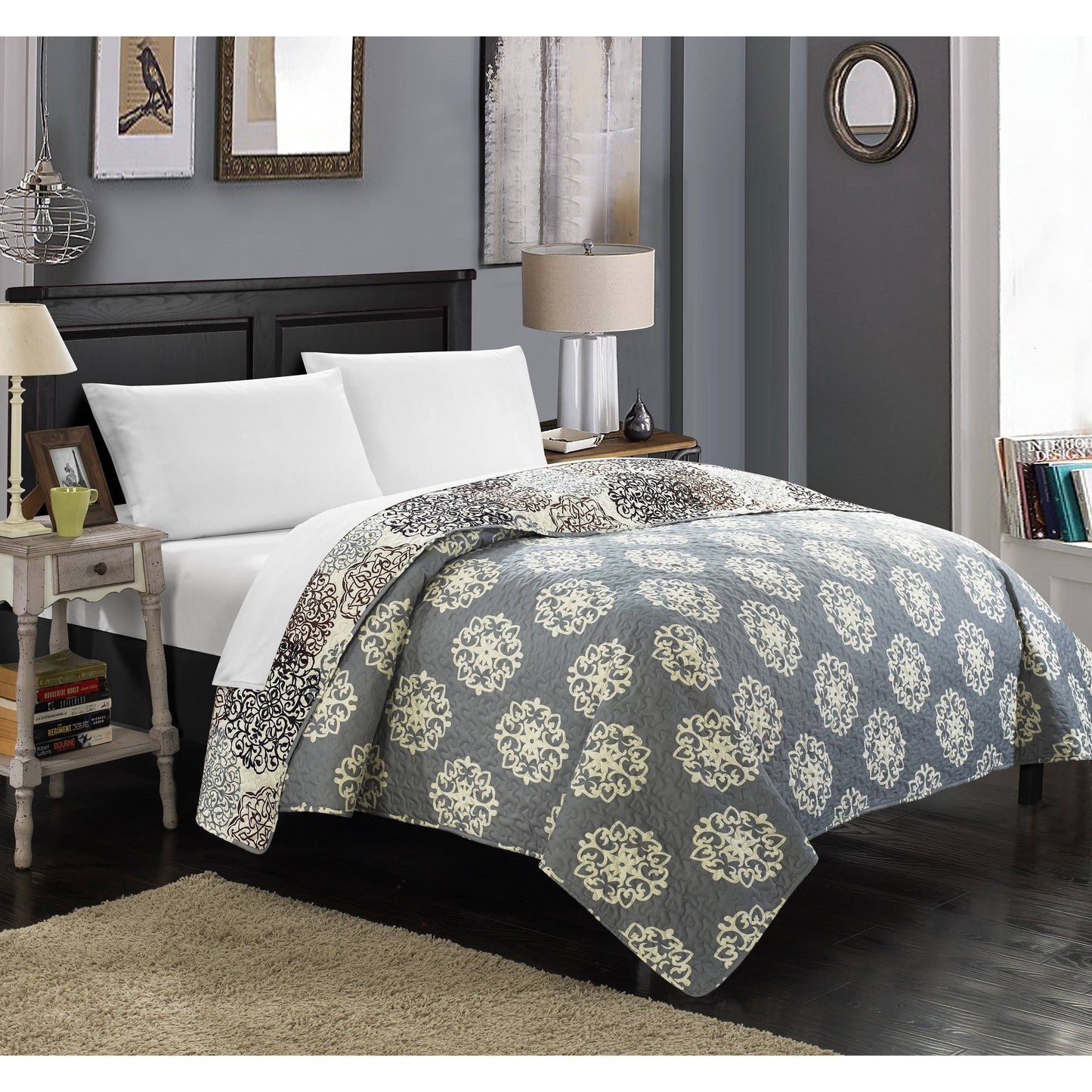 Chic Home 5-Piece Juliana Boho Inspired Reversible Print Quilt and White Sheet Set (Beige - Queen) EHZ3_O1KAB30