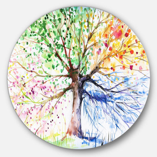 Design Art Four Seasons Tree Painting Print on Metal, Yellow WQK8_E2XUZ33