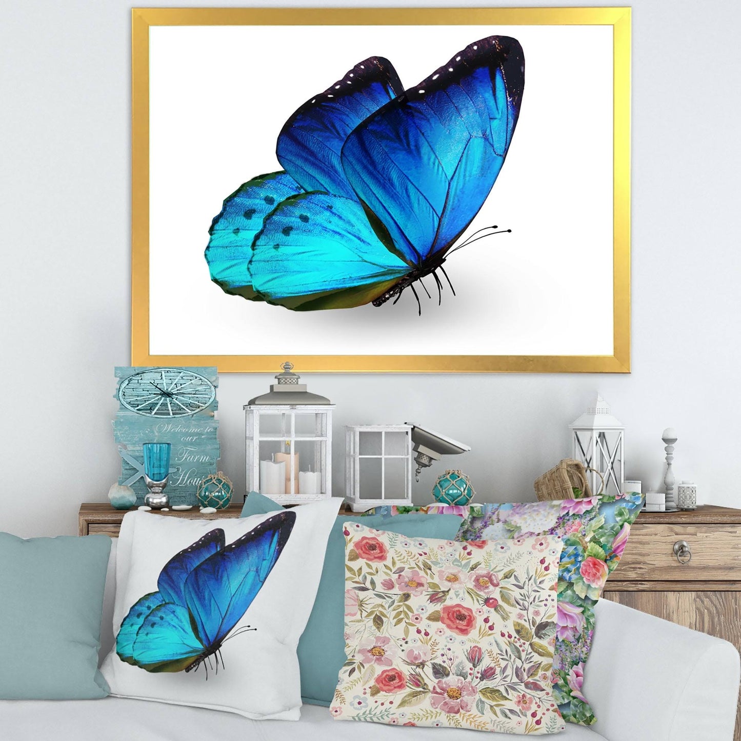 Designart Vibrant Blue Butterfly Modern Framed Art Print - 40 in. Wide x 30 in. High - Gold GLS0_U4PJX89