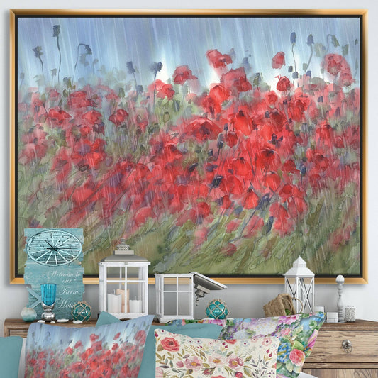 Designart Red Poppies in The Rain Farmhouse Framed Canvas Wall Art Print - 20 in. Wide x 12 in. High - Gold HCX7_T9WBV61