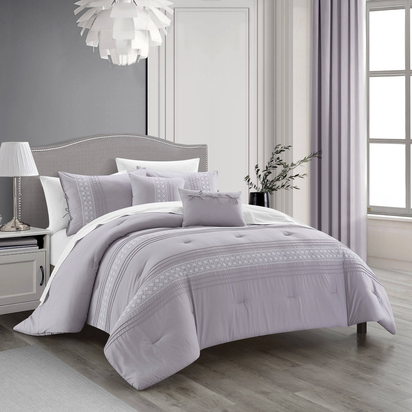 Chic Home Brye 5 Piece Comforter Set Pleated Embroidered Design Bedding - Decorative Pillows Shams Included - Lilac - Queen QPL1_W2WEG40