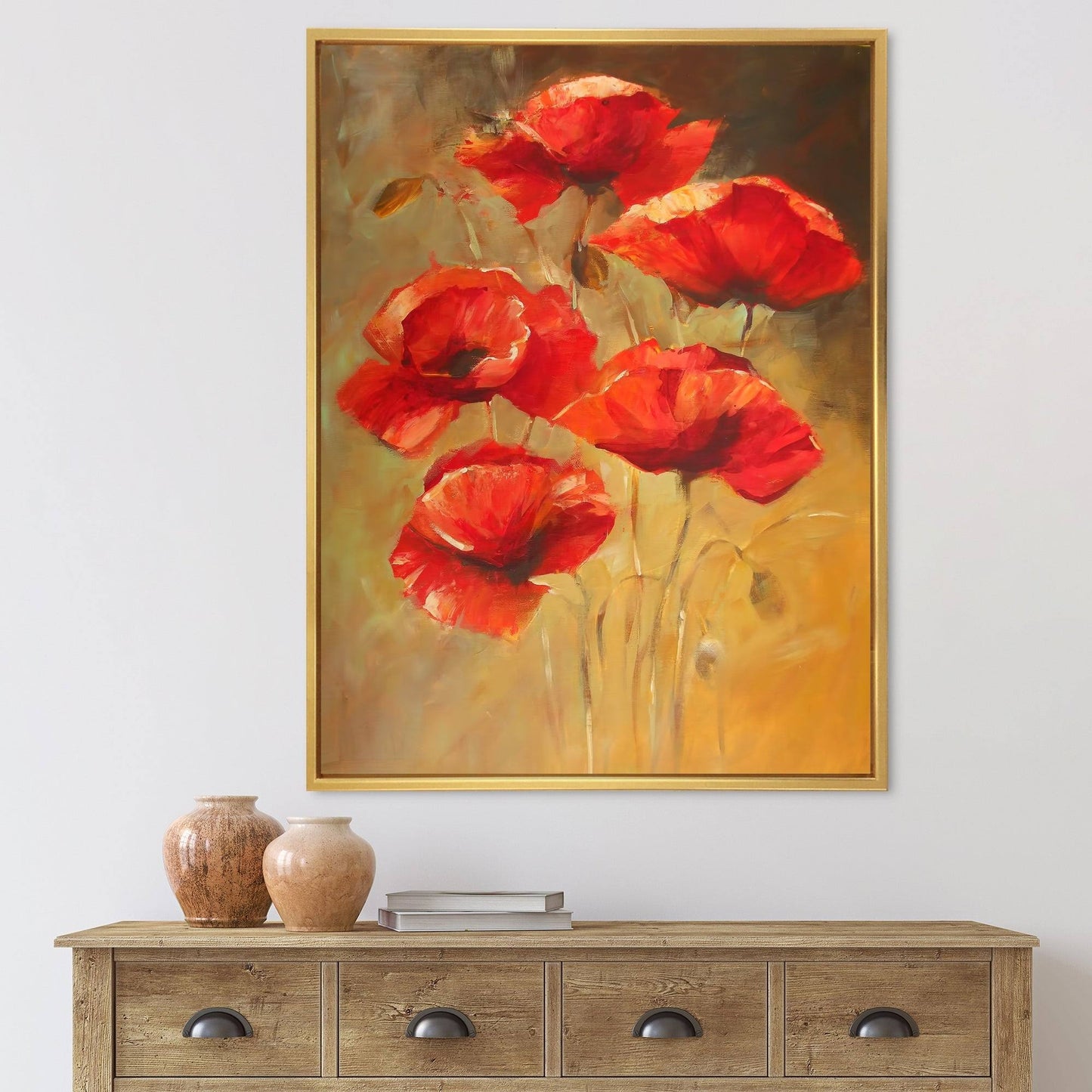 Designart Vintage Blooming Poppies II Traditional Framed Canvas Wall Art Print - 16 in. Wide x 32 in. High - Gold YSK2_D1XYD11