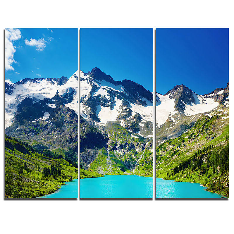 Designart Green Mountain Lake - 3 Piece Photographic Print on Wrapped Canvas Set CJW3_E3TLK67